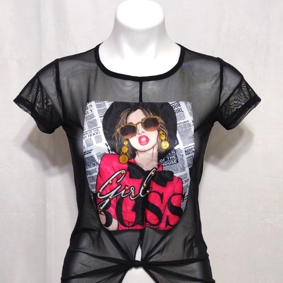 Occasion Edgy Black Mesh Embellished Graphic Top Short Sleeve GIRL BOSS Tee M - Picture 2 of 10